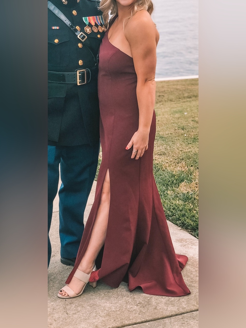 JJs House One-Shoulder Burgundy Evening Dress
